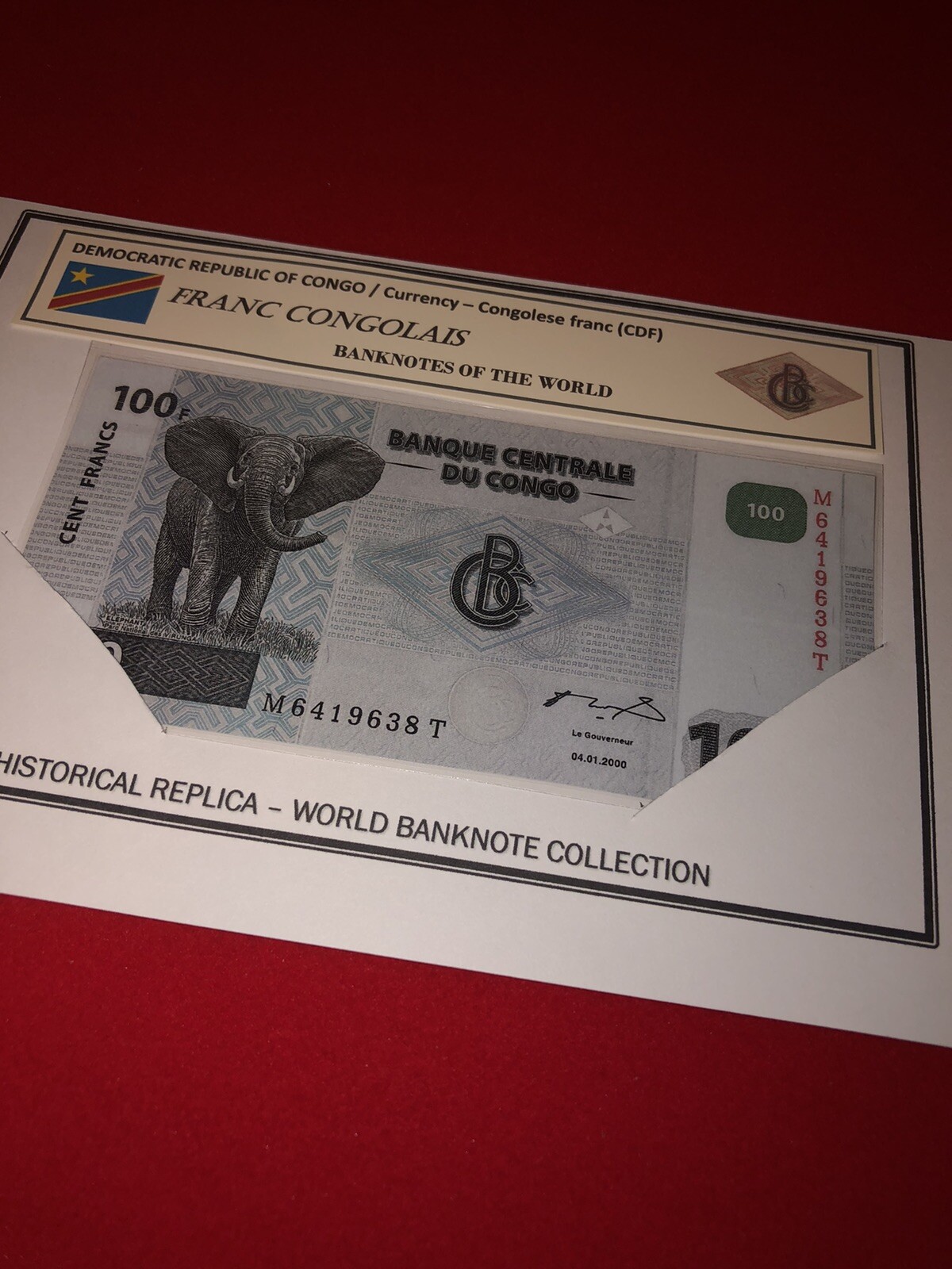 DEMOCRATIC REPUBLIC OF CONGO / LAMMINATED HISTORICAL REPLICA SOUVENIR NOTE PRINT