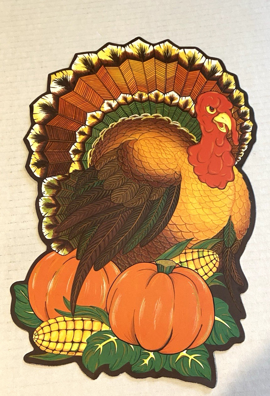 Vintage Die Cut Thanksgiving Turkey Card Decor Fall 12″x8″ Pumpkins Corn 2 Cards