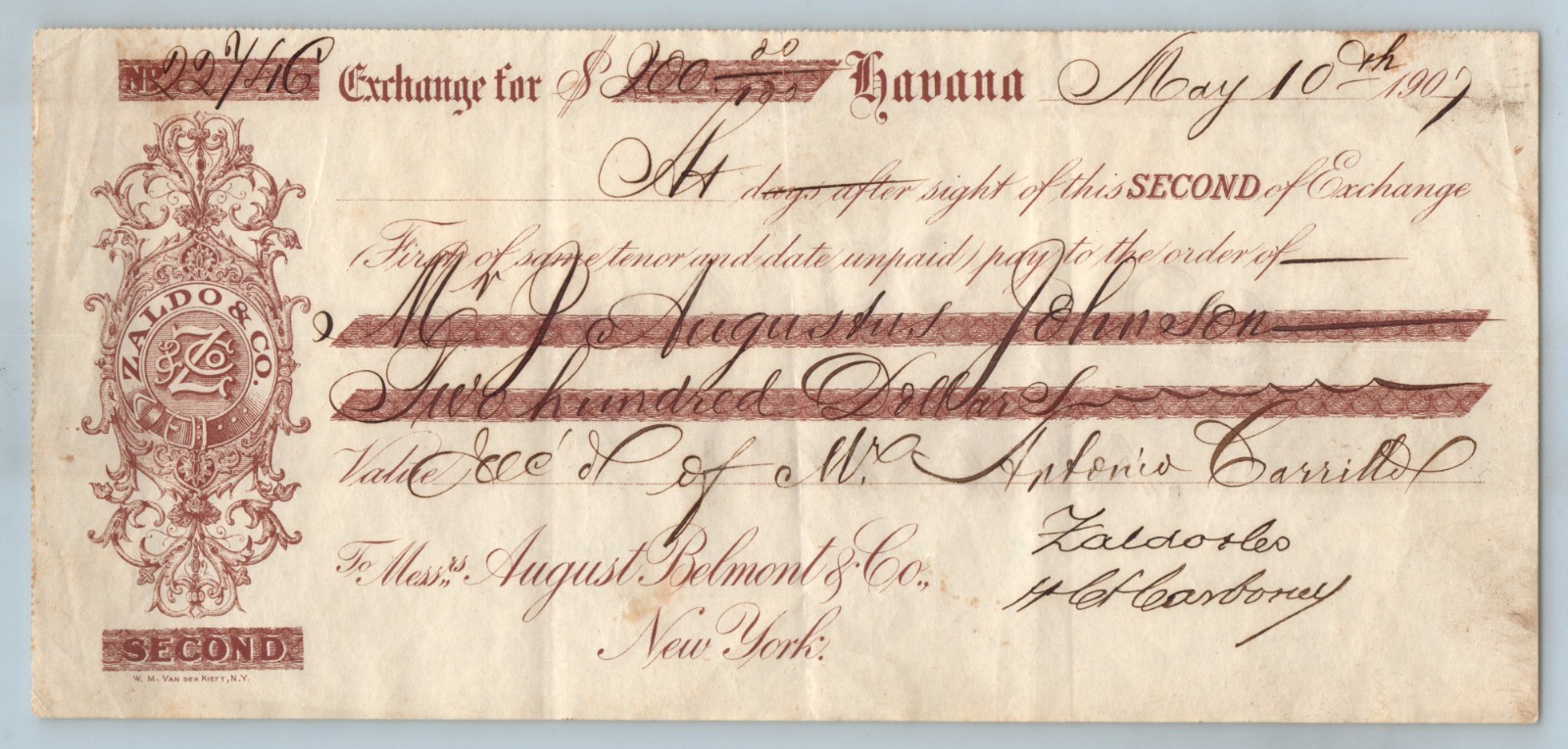 Zaldo & Co Bank Check May 10th 1907 $200 Mr. J. Augustus Johnson New York