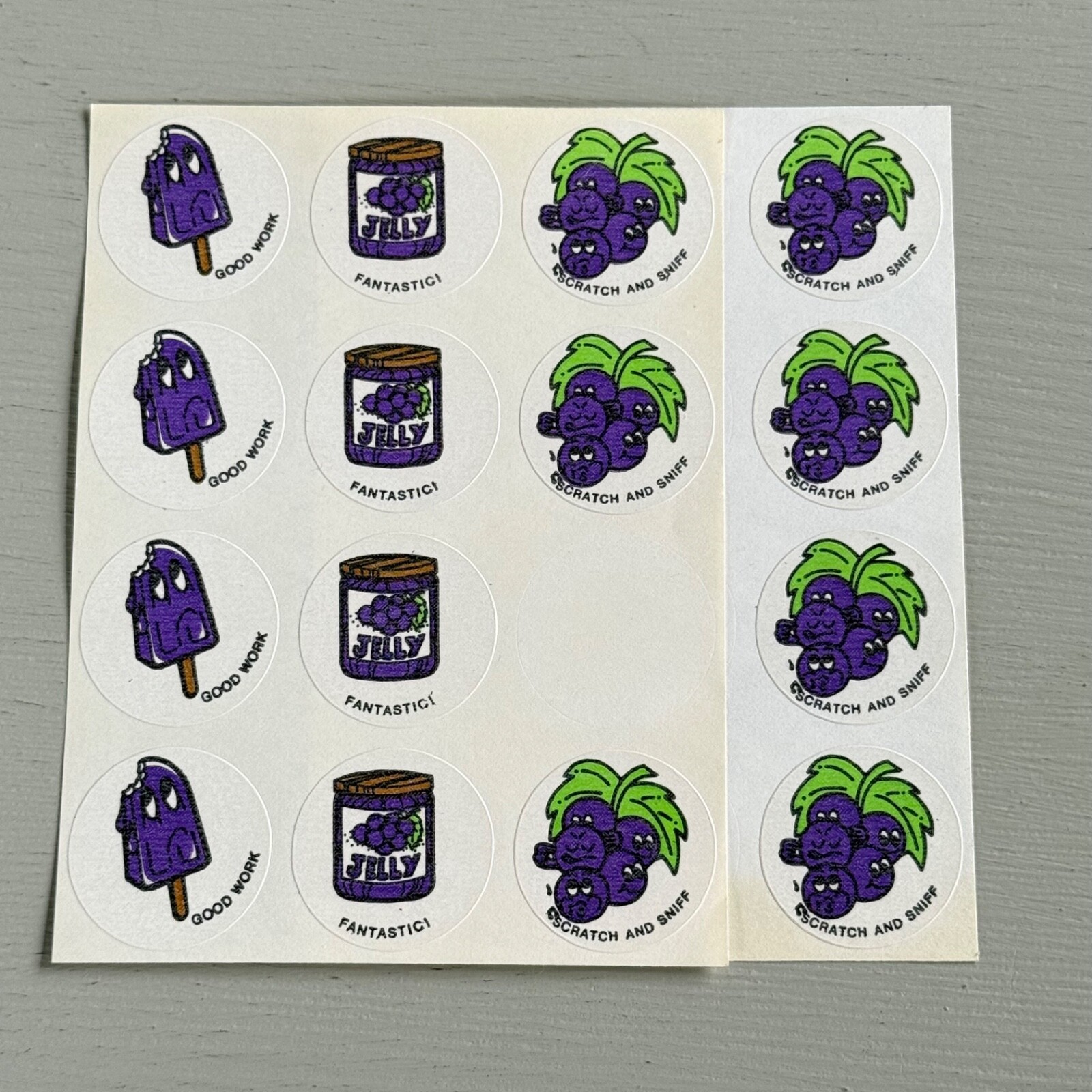 Partial Sheets of 15 Vintage Grape Scratch n Sniff Stickers 1980s Matte Purple