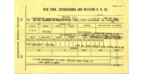 NY Susquehanna & Western Railroad Demurrage Record B & O 1941 Form G.F.A. 4 Data