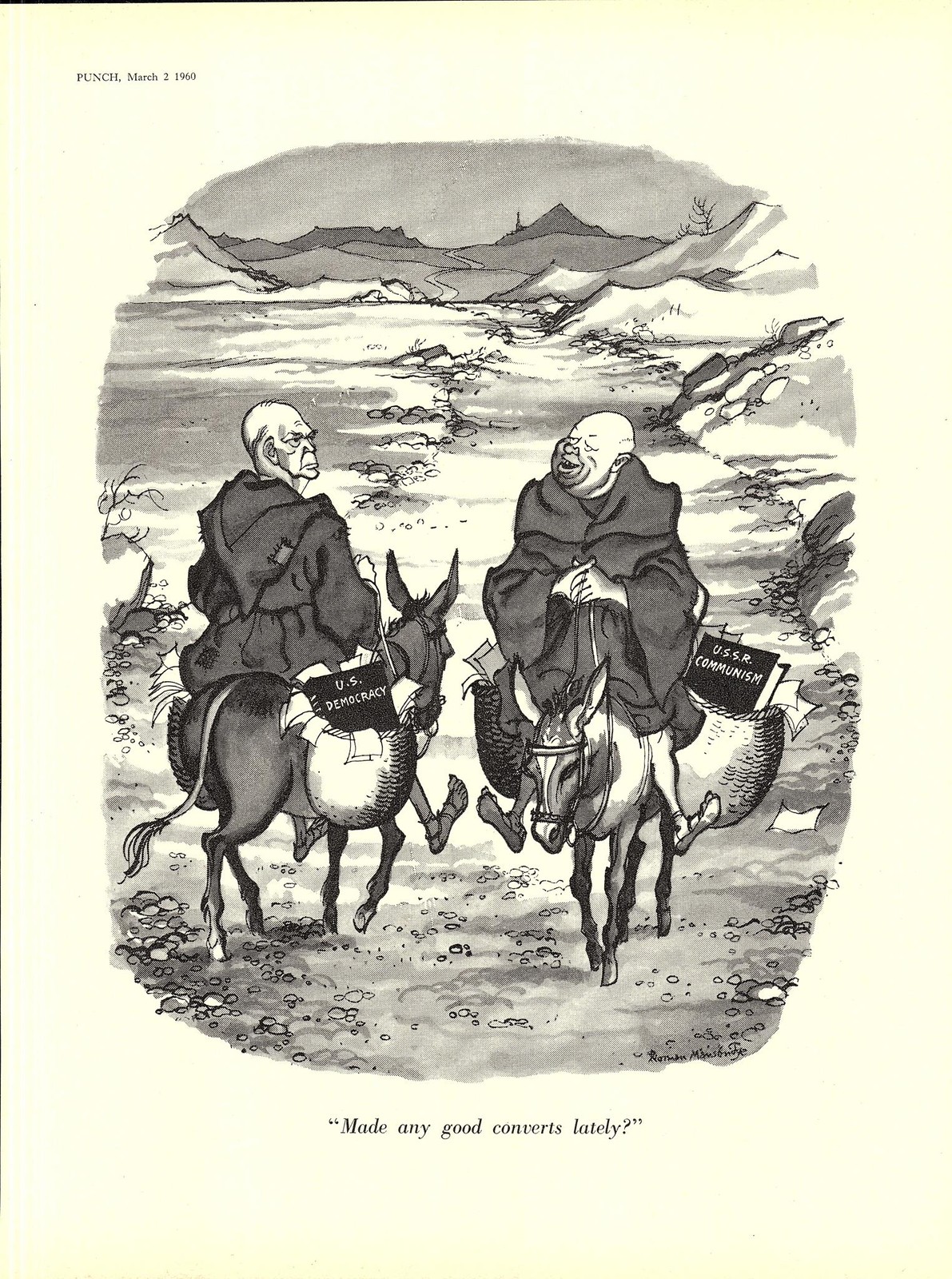 1960 Punch Cartoon Print Eisenhower & Khrushchev “Any Good Converts Lately?”