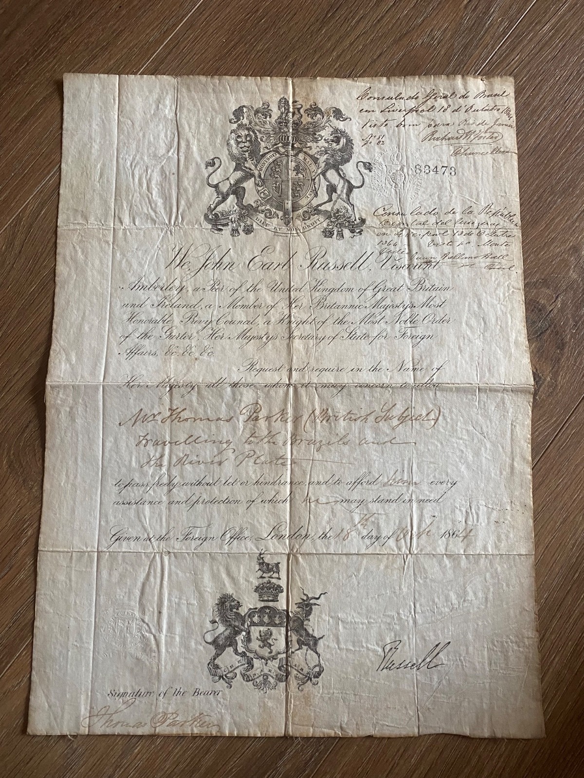 BRAZIL INTEREST – 19TH CENTURY LICENSE TO TRAVEL TO BRAZIL AND RIVER PLATE 1864