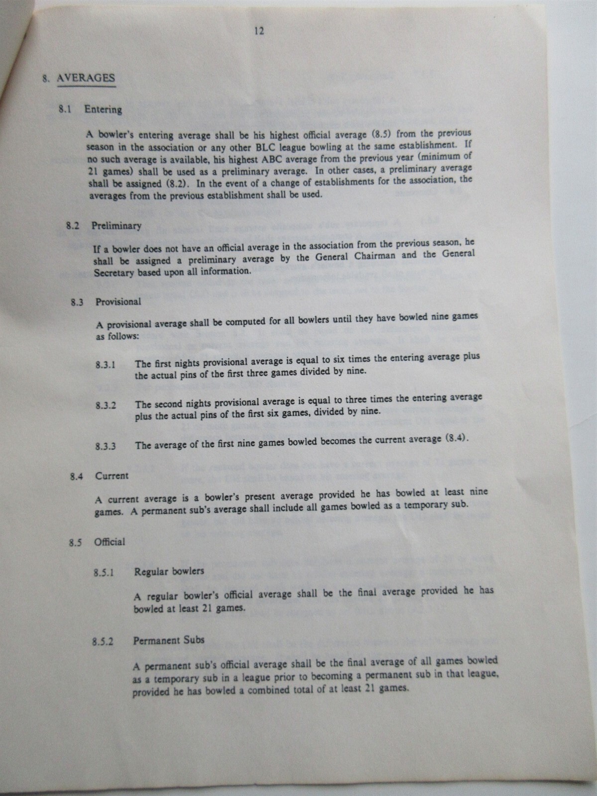 1984-85 AT&T Bell Laboratories Murray Hill Men’s Bowling Association Rules