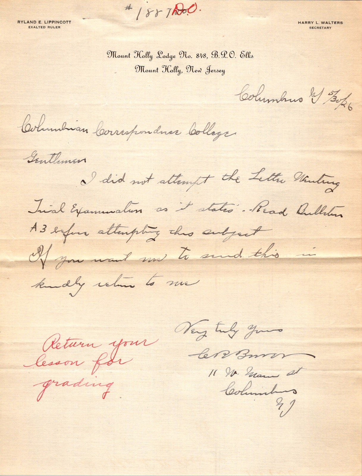 1926 Elks Lodge Letterhead Leo Brown Columbus O. Correspondence College