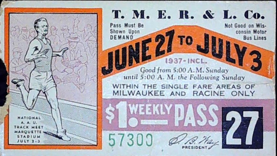 AAU Track Meet Marquette TMER&L Weekly Streetcar Milwaukee Ticket Stub 7/3/1937