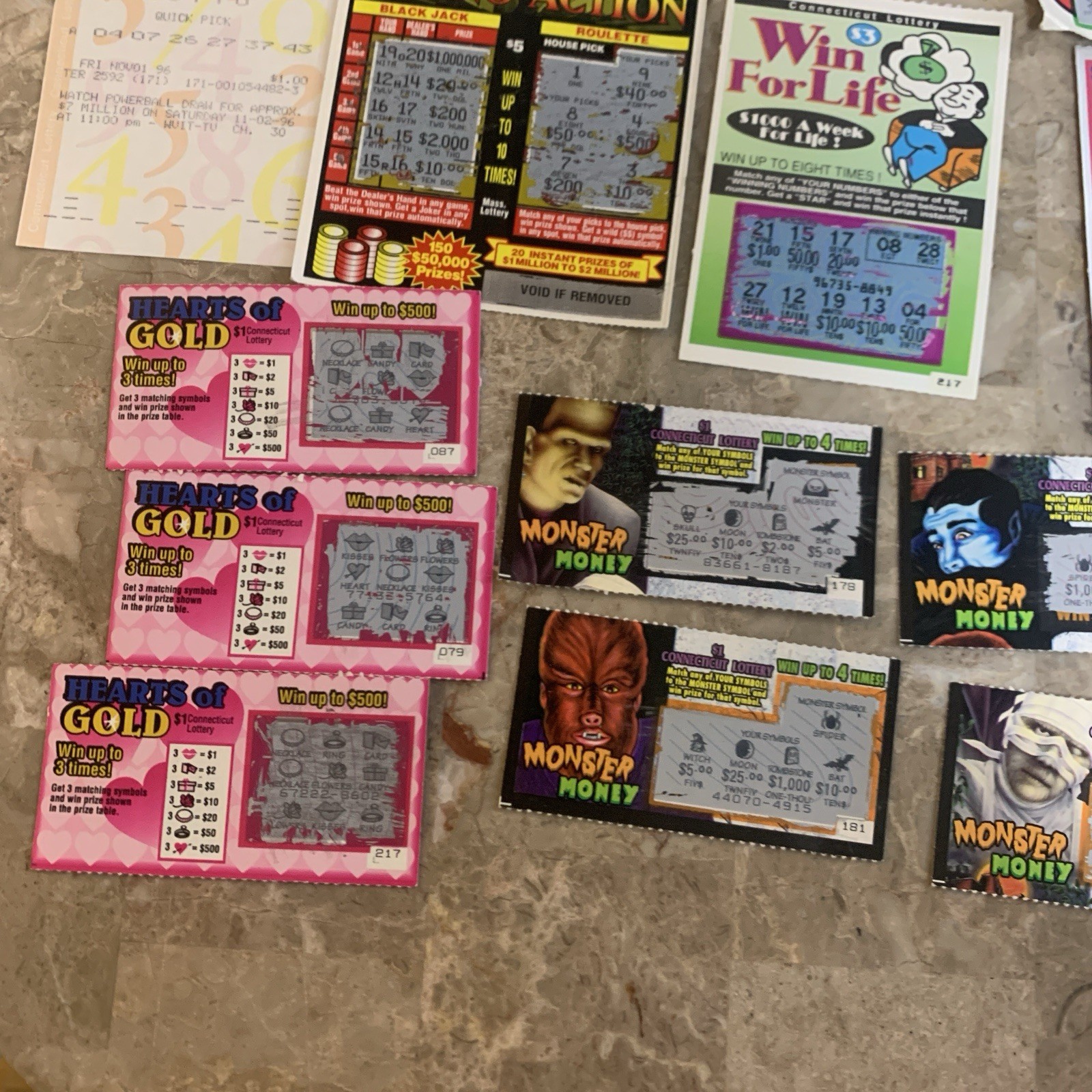 Vintage Connecticut State Lottery Scratch Off Tickets Losing 1990s 1995 1996 CT