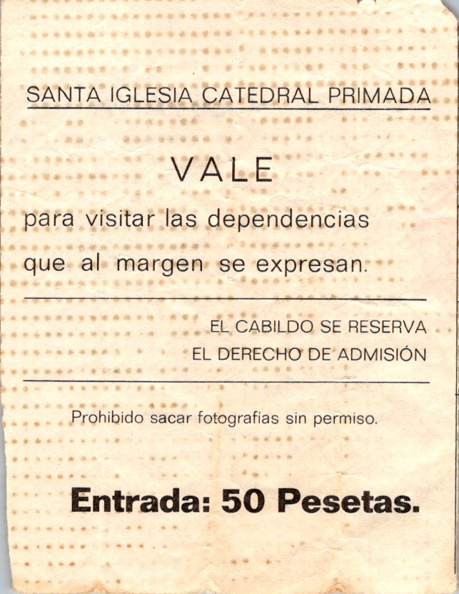 Toledo Cathedral Admission Ticket 50 Pesetas 1970s Aged Paper Stippled Design
