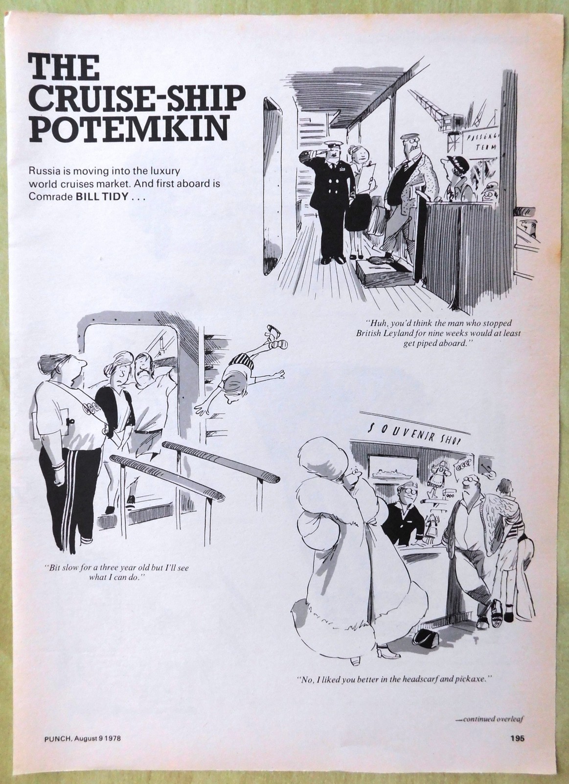1978 Punch Cartoon “The Cruise-Ship Potemkin” Original 2-Page BILL TIDY Print