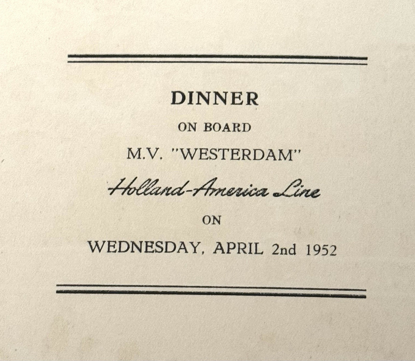 Vtg 1952 Dinner Menu Holland American Cruise Line April 2nd 1952