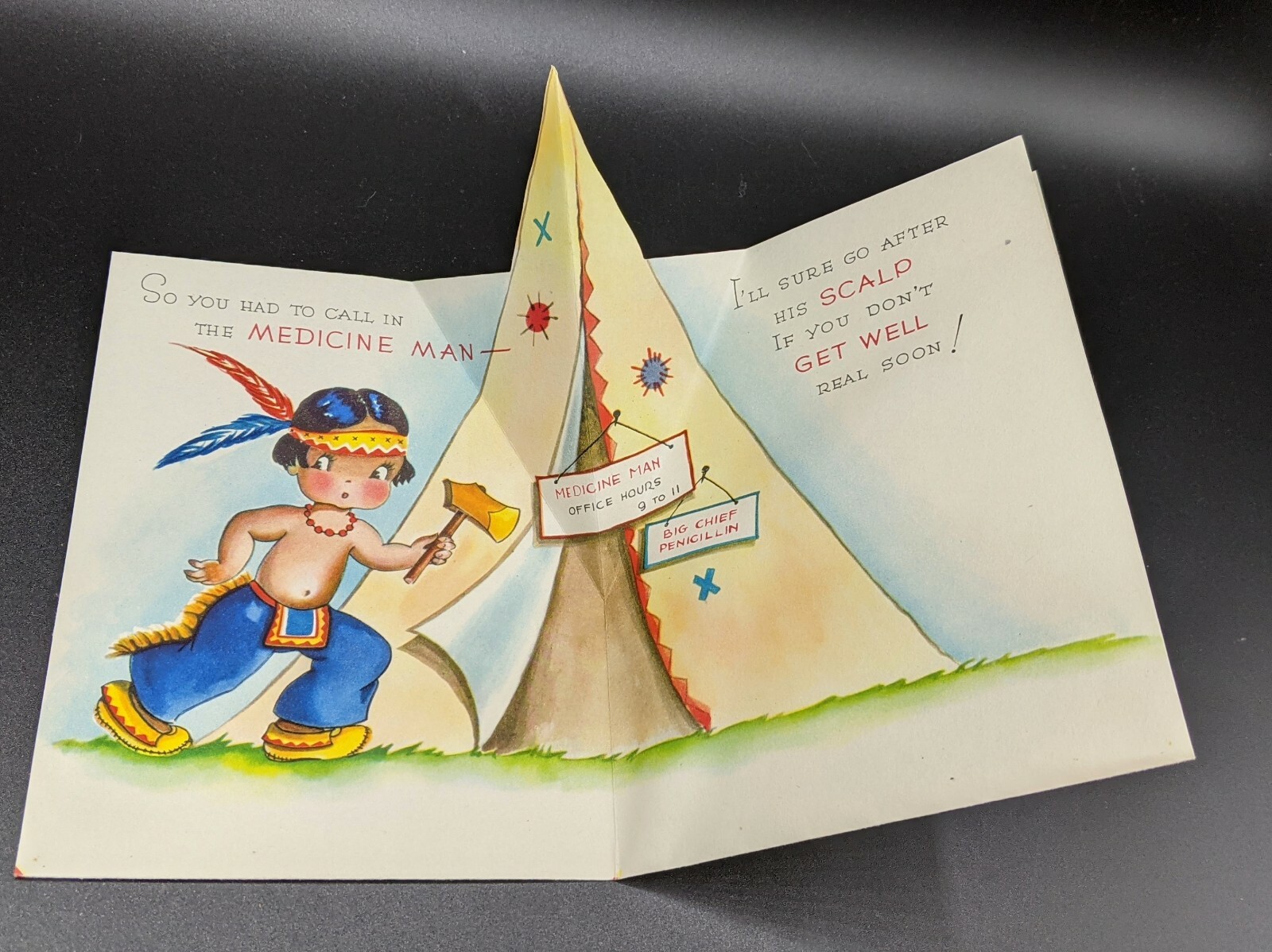 Vtg Wallace Brown Greeting Card GET WELL Native Chief Medicine Man POP UP Tepee