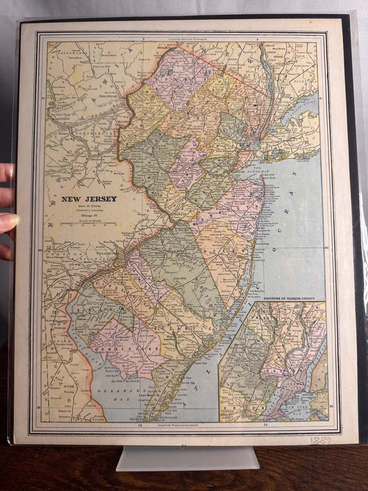 1889 New Jersey Map Geo F. Cram Antique Atlas NJ Hudson County Inset