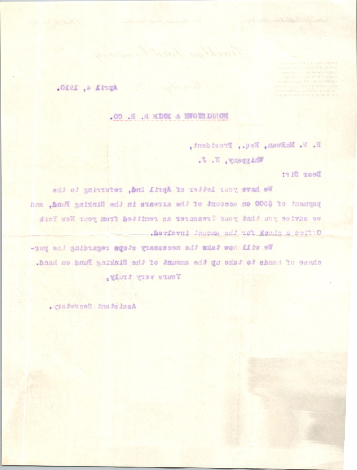 1910 Brooklyn Trust Co. Letter to Morristown & Erie RR Pres. Purple Ink