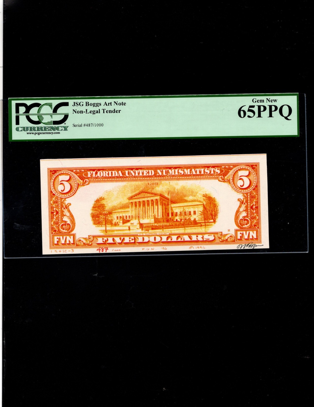 JSG Boggs Art Note – 5 Dollars – #487 FUN Show 1996 – PCGS65PPQ