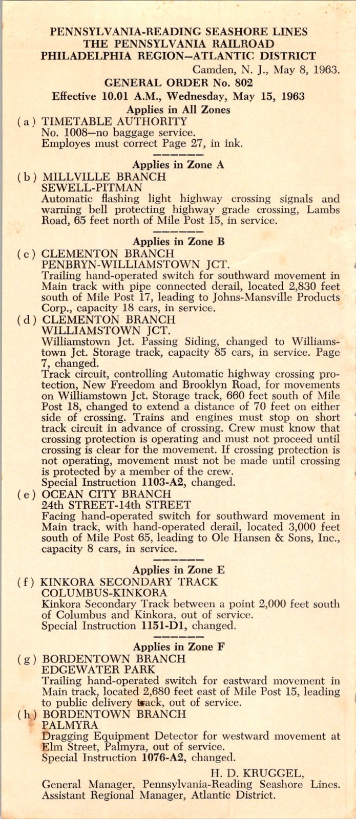 Pennsylvania-Reading Seashore Lines General Order No. 802 1963 Railroad Bulletin