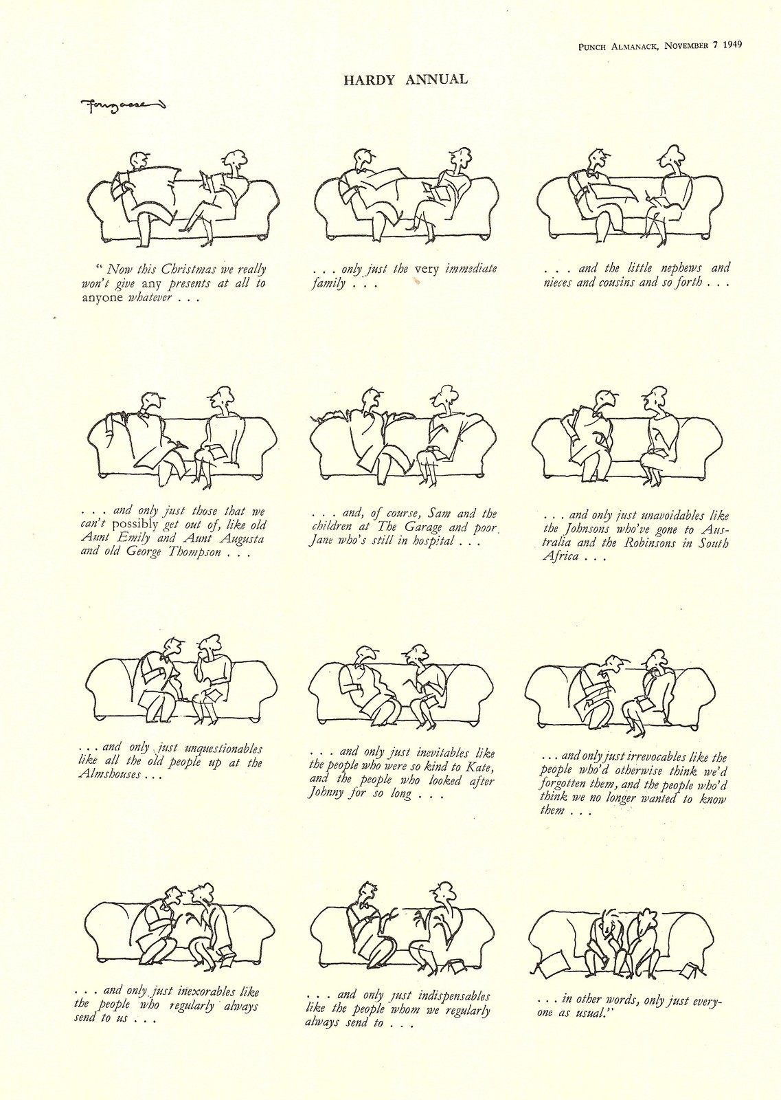 Original 1949 Punch Cartoon Print by FOUGASSE “Hardy Annual” Vintage Ephemera