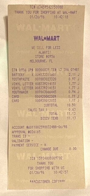 Vintage Walmart Receipt Indialantic / Melbourne Florida FL Dated 1/26/1996