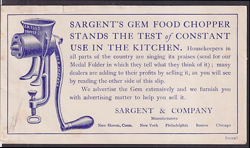 Sargent’s Gem Food Chopper sales flyer New Haven CT c 1910
