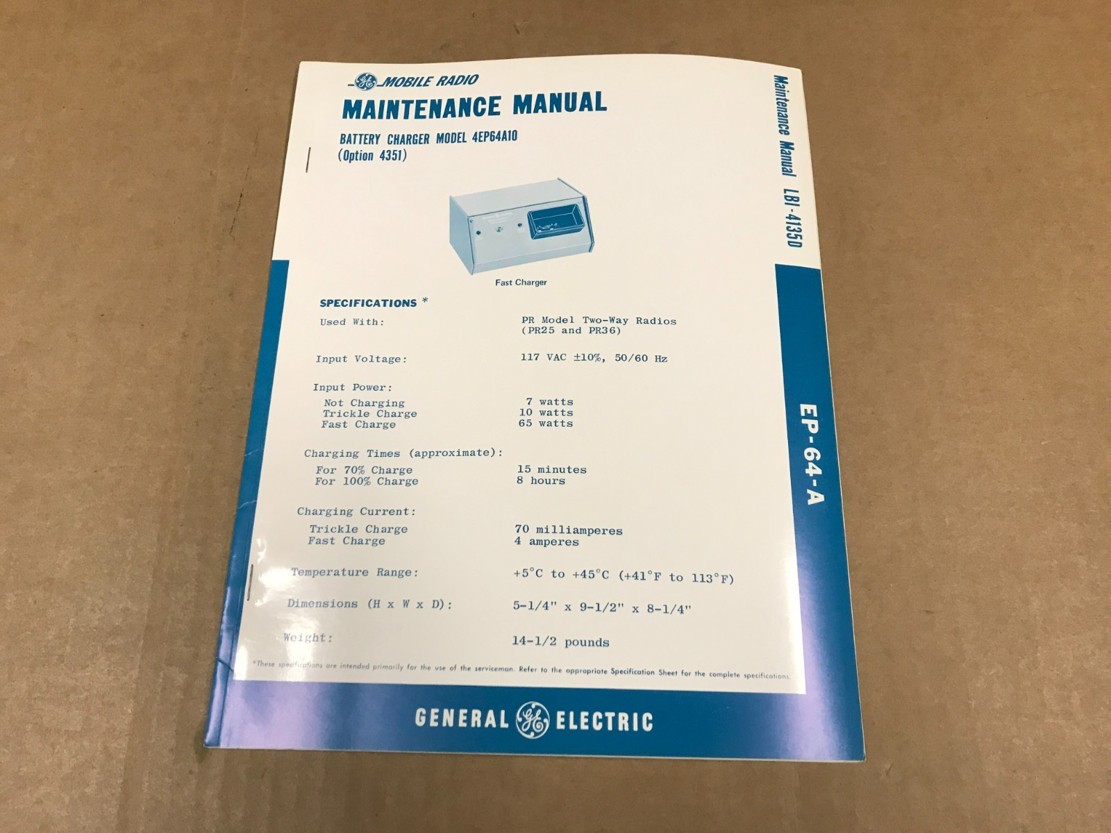 Vintage GE Model 4EP64A10 Battery Chargers Maintenance Manual