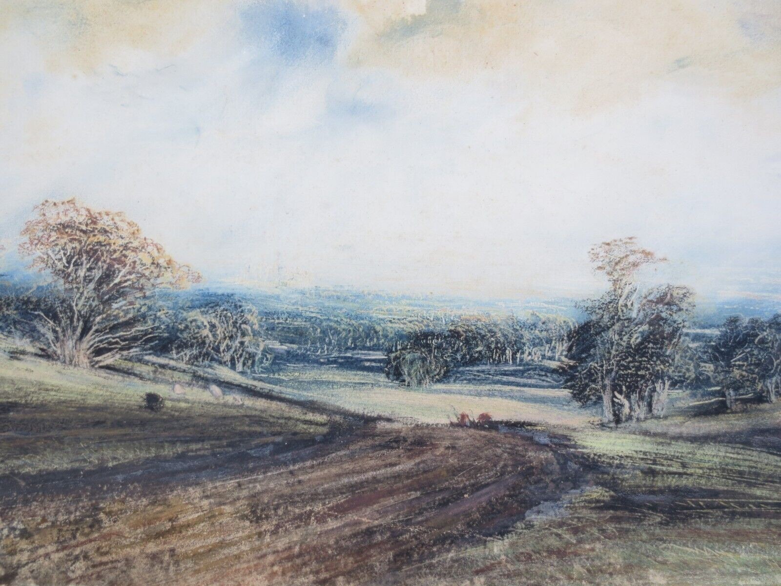 19th Century English School Watercolor Painting Open Field Natural Landscape