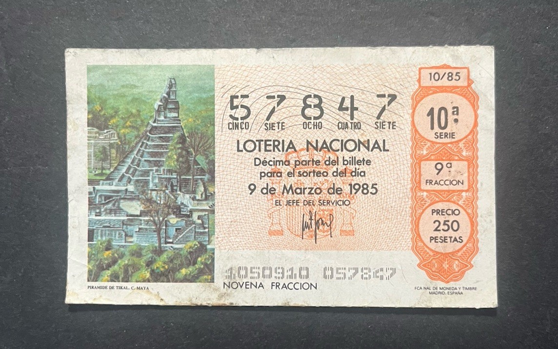 Vintage 1985 España Loteria Nacional Madrid Spain LOTTERY Ticket #57847 Ephemera