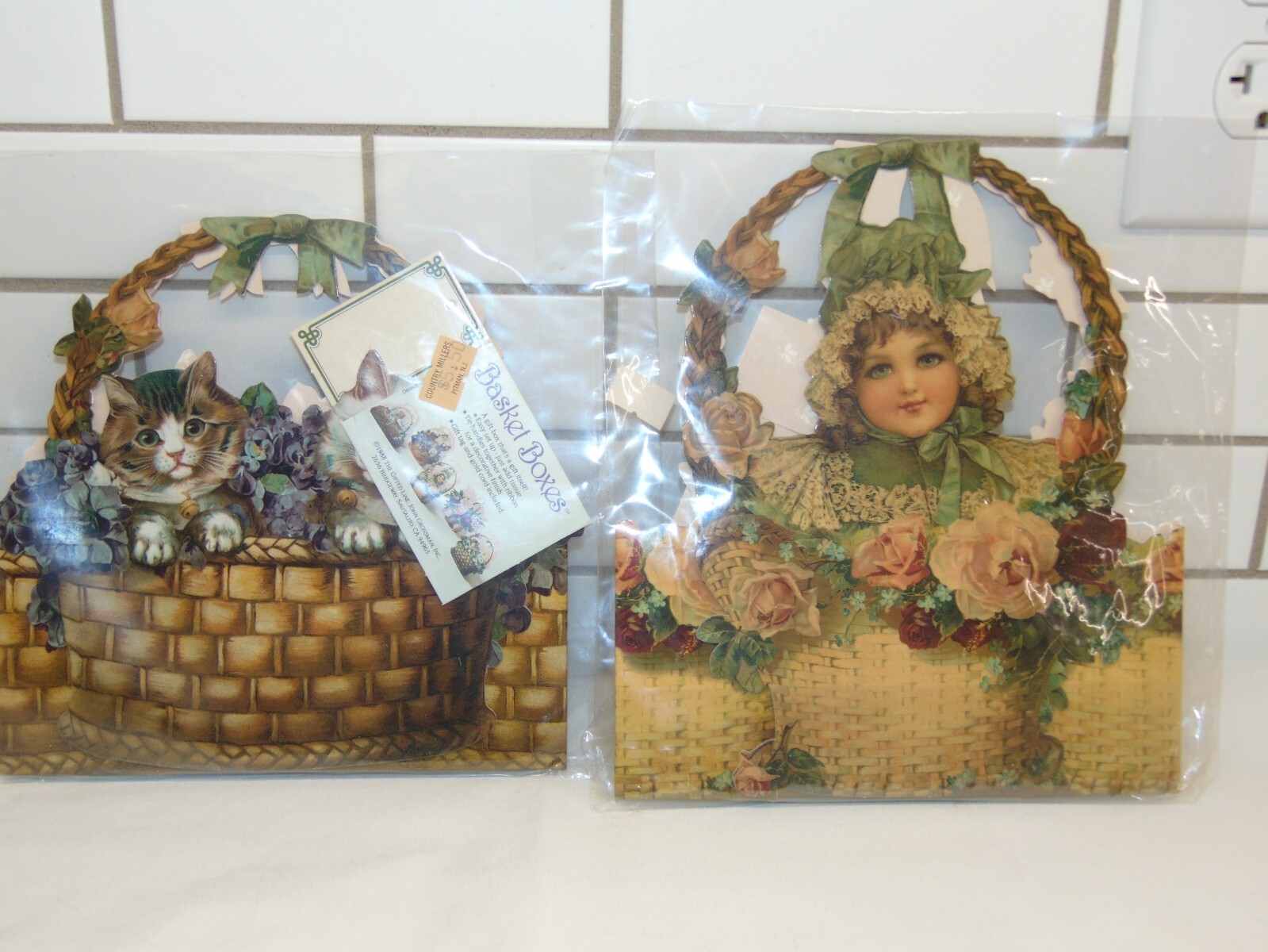 2 New GIFTED LINE Cats & Victorian Girl BASKET GIFT BOX JOHN GROSSMAN VINTAGE