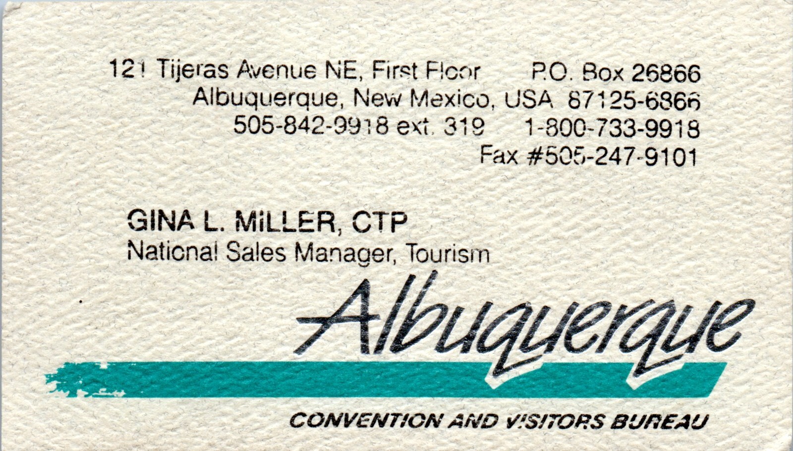 Albuquerque New Mexico Convention & Visitors Bureau Gina L. Miller business card