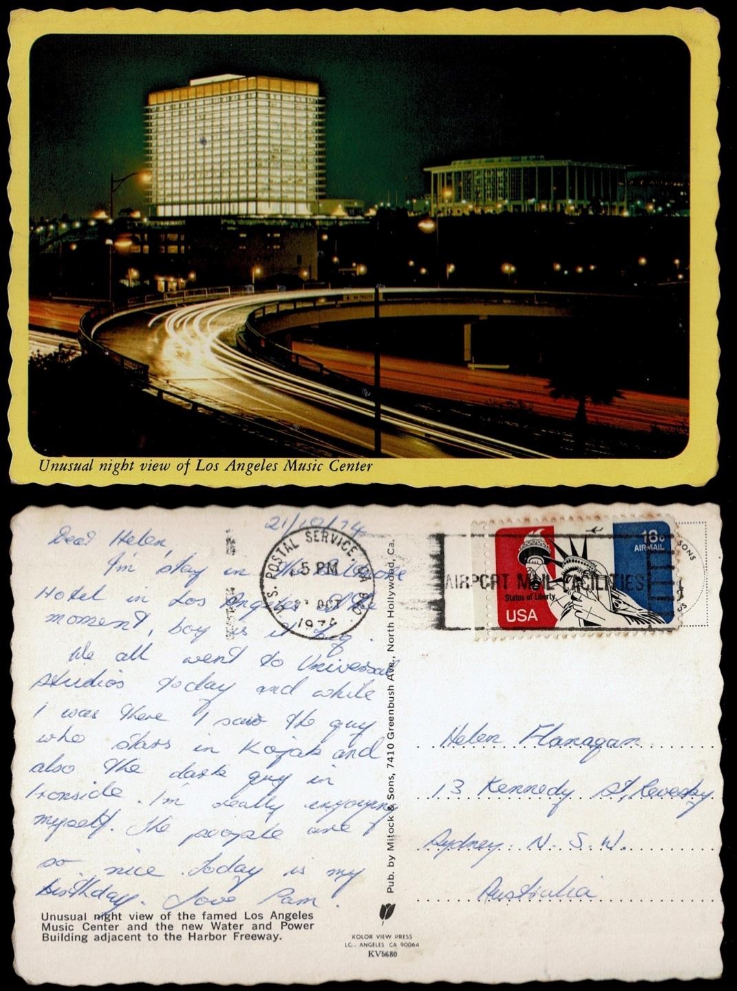 1974 VINTAGE Unusual Night View of Los Angeles Music Centre POSTCARD to Revesby