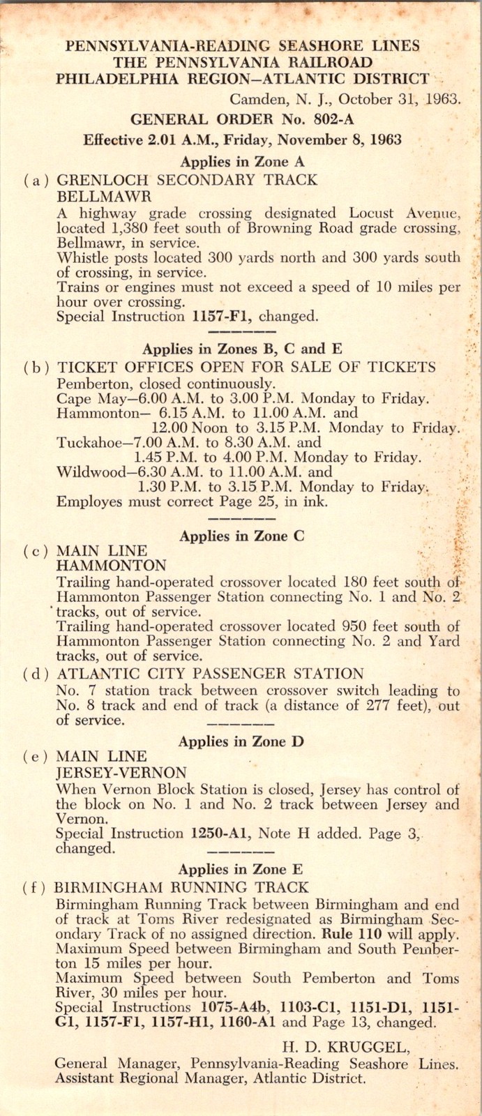 Pennsylvania-Reading Seashore Lines 1963 General Order 802-A Camden NJ