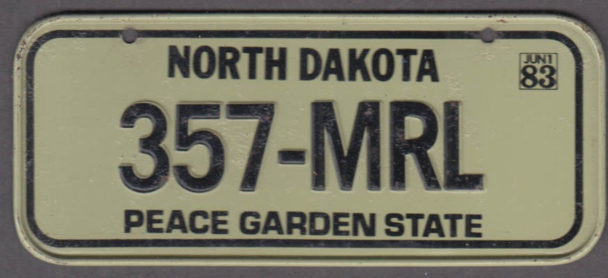 1983 Post Cereal metal license plate North Dakota 357-MRL Peace Garden State