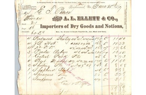 1877 A.L. Ellett & Co. Richmond VA Dry Goods Invoice – 19th Century History