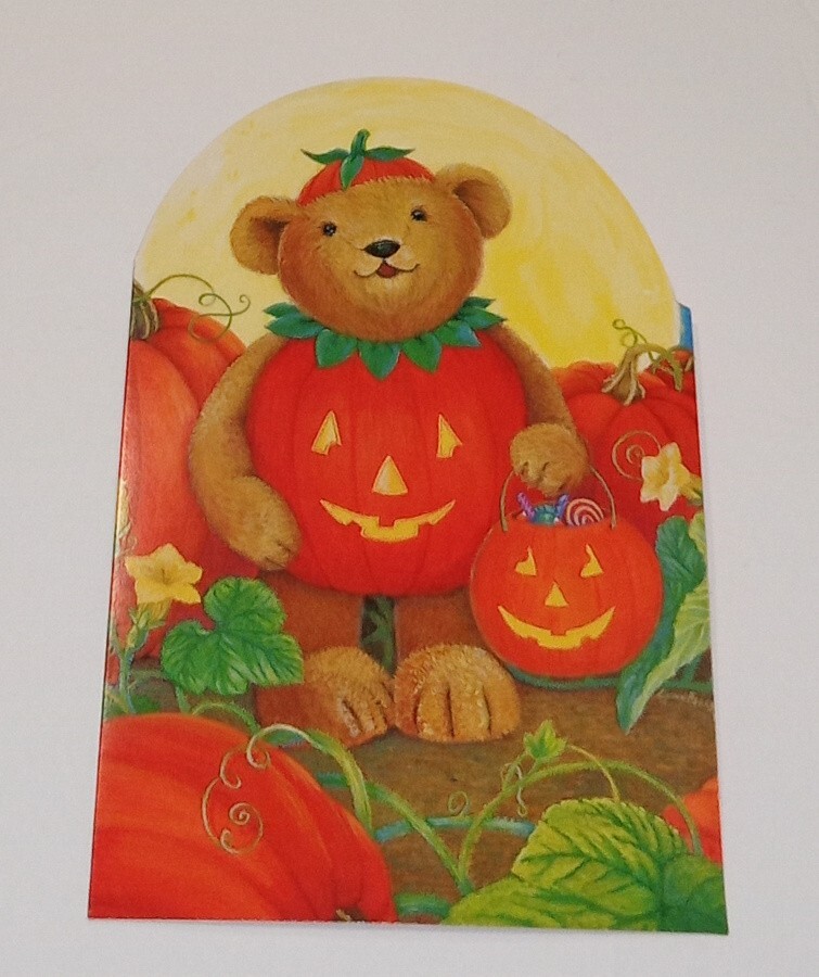 Halloween greeting card, teddy bear in Jack O’Lantern costume, 7 1/4″ used