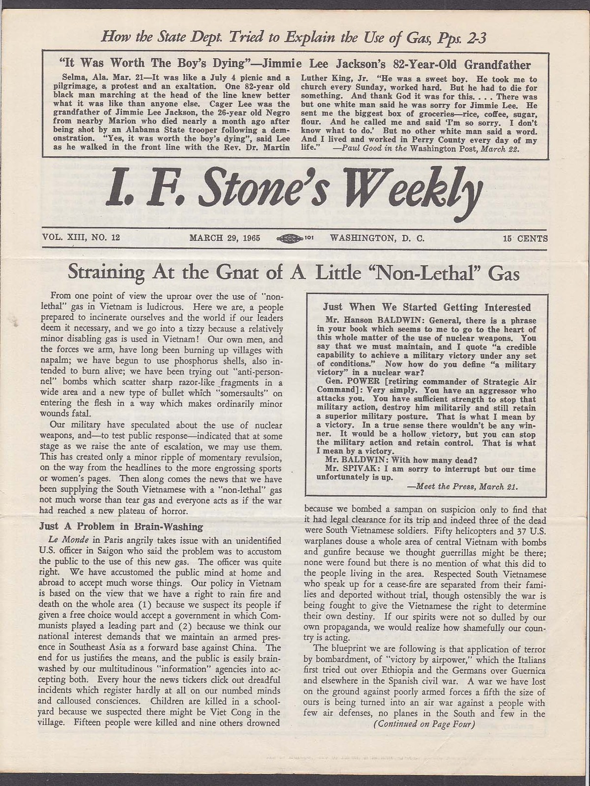 I F STONE’S WEEKLY Vol XIII #12 Vietnam Non-Lethal Gas 3/20 1965