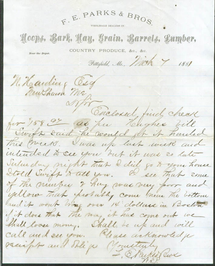 F E Parks & Bros Pittsfield ME Hoops Bark Hay Grain Barrels Lumber + letter 1881
