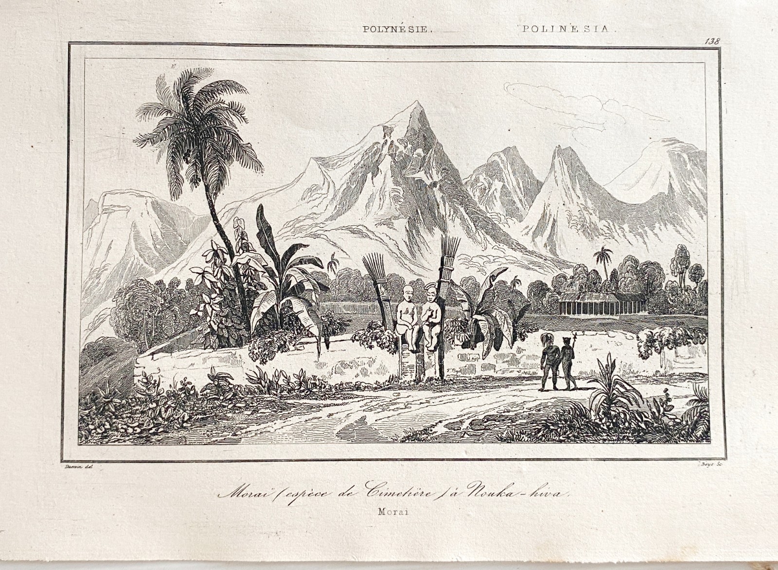 ENGRAVING POLYNESIA MORAI CEMETERY TYPE AT NOUKA HIVA 19TH CENTURY