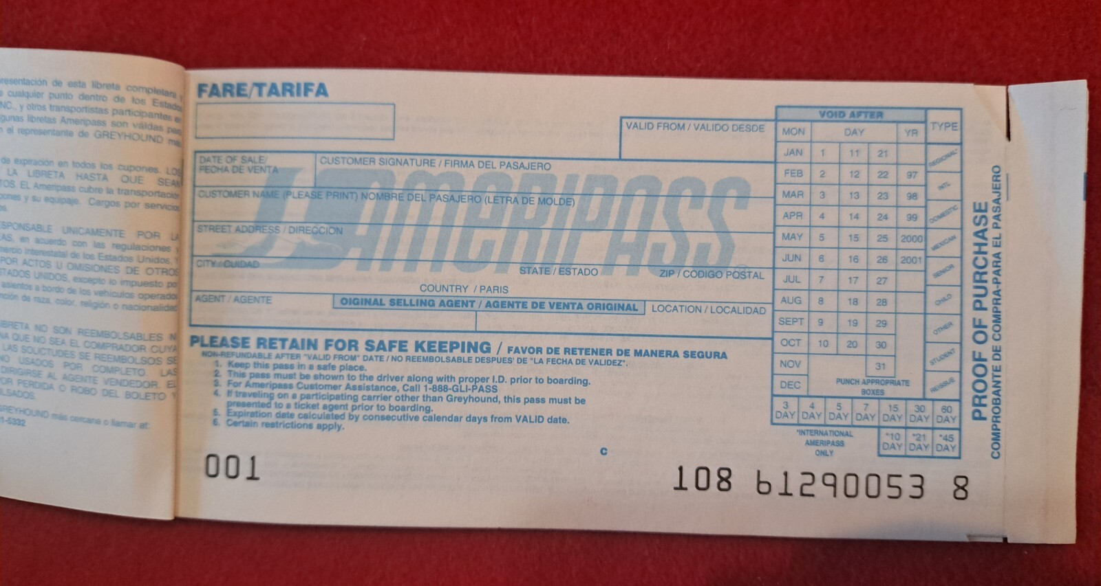 Greyhound Bus Lines Ameripass Pass Ticket 1990s Vintage RARE Not For Travel