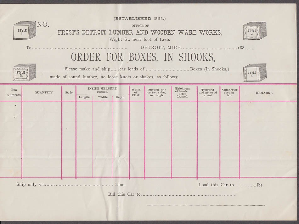Frost’s Detroit Lumber & Wooden Ware Works order form unused 1880s
