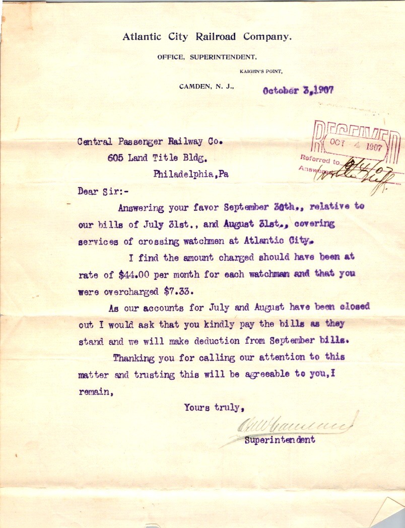 Atlantic City Railroad 1907 Crossing Watchmen Accounting Letter Camden NJ