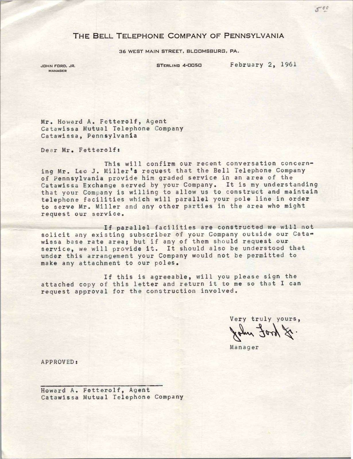 Bell Telephone PA 1961 Letter Catawissa Mutual Pole Line Agreement Leo Miller
