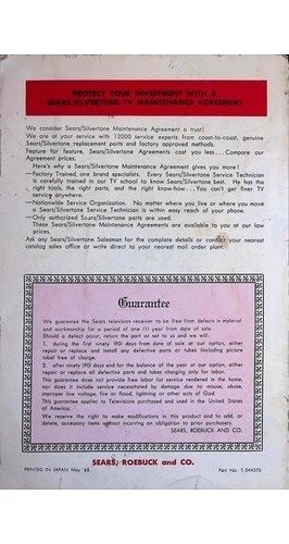 Sears Silvertone TV Owners Manual 4109 1968 Color Television Paperwork
