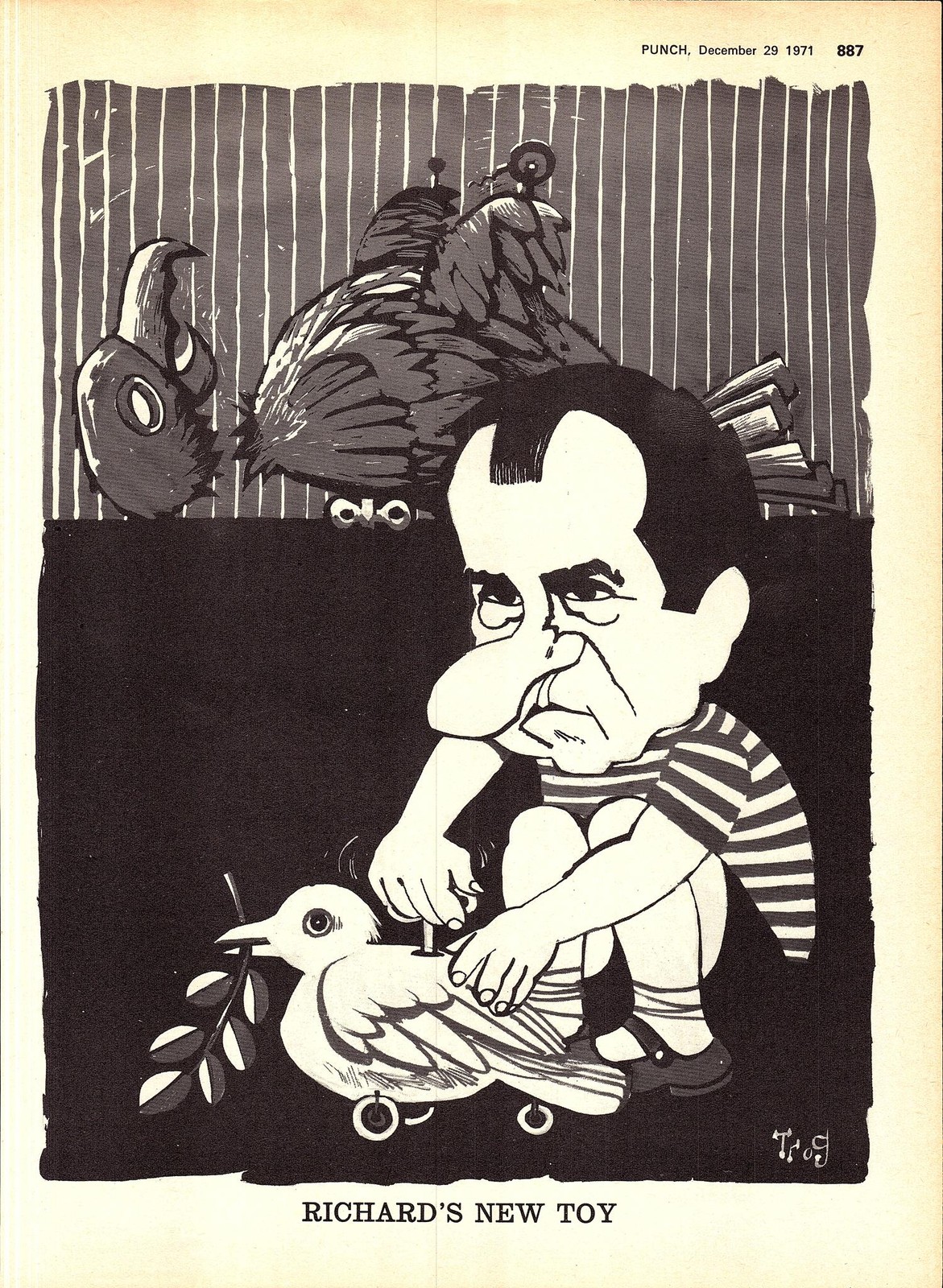 Original 1971 Punch TROG Cartoon Print: “The Dove of Peace, NIXON’S New Toy”