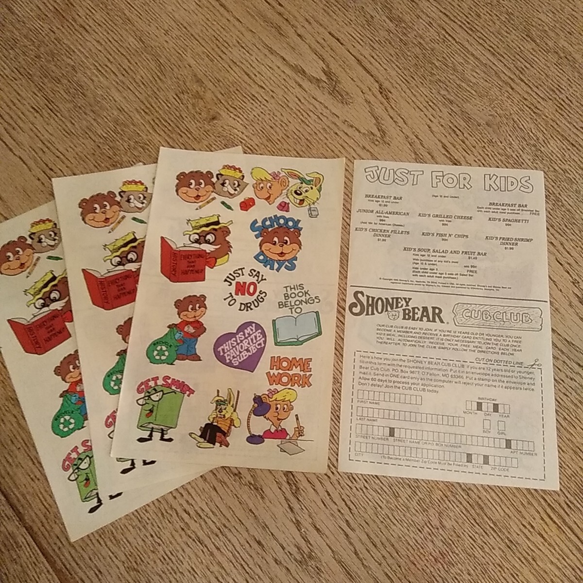 Vintage 1992 Stickers Shoney’s Bear Cub Club From Tennessee Set Of 4 Sheets