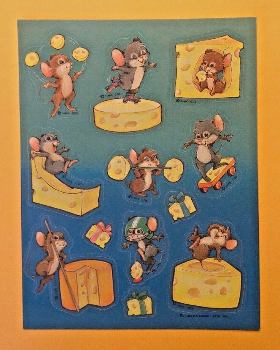 VTG 1982 Hallmark Scratch & Sniff Sticker Sheet Sports Mouse Swiss CHEESE Scent