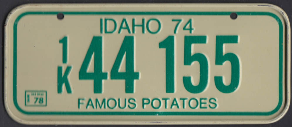 Post cereal miniature metal bicycle license plate Idaho 1974 1K44-155