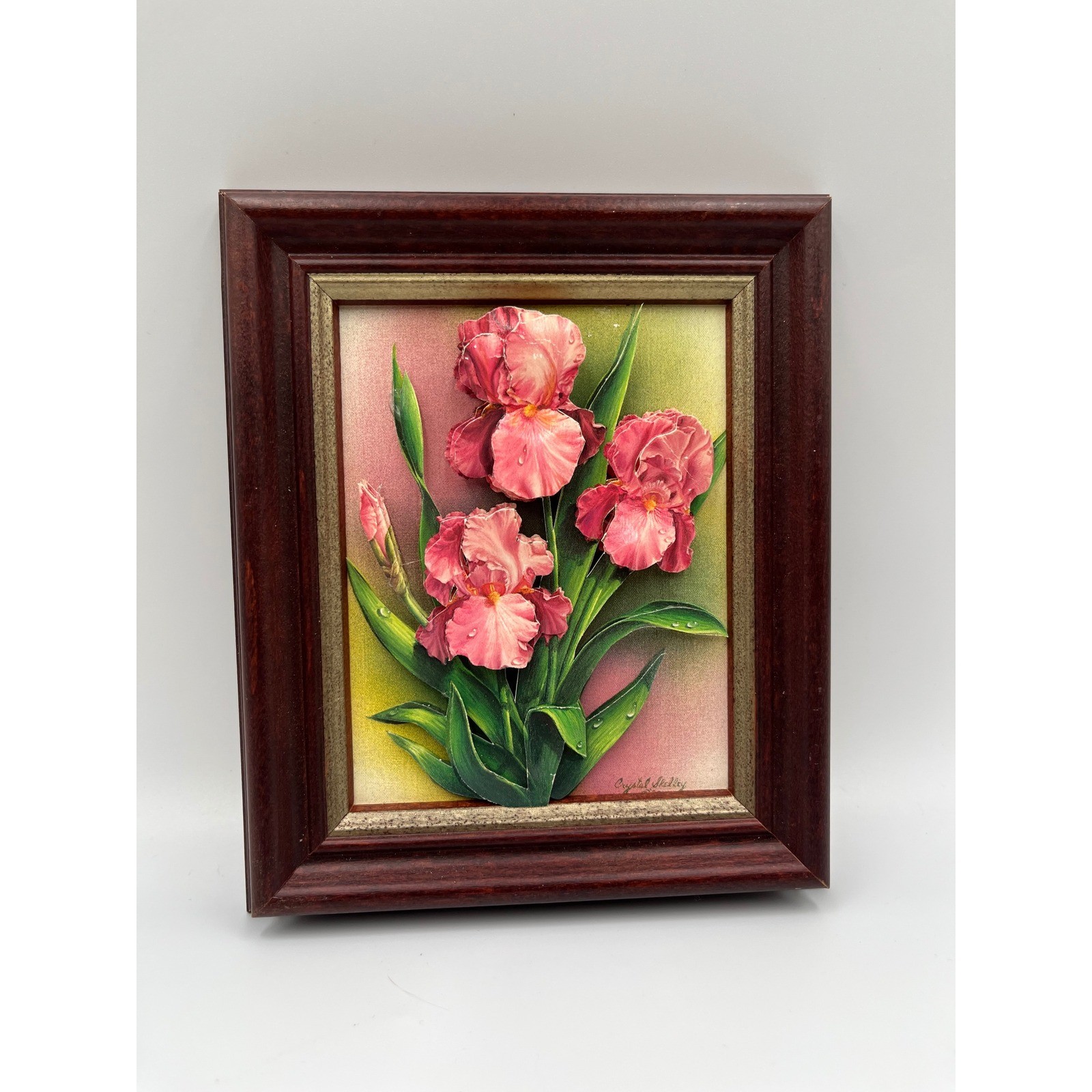 Rare Handmade 3D layered Paper Art 1989 “Pink IRIS” Signed By Crystal Skelley