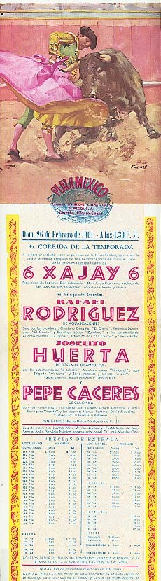 Plaza Mexico Bullfight flyer Rodriguez Huerta + 1961