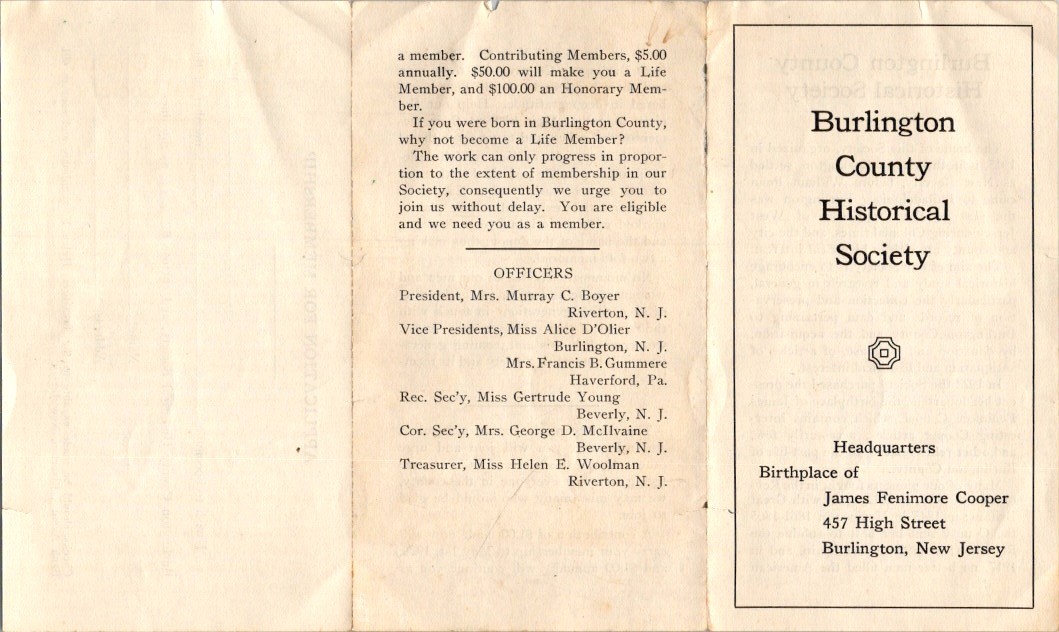 Burlington County Historical Society 1920s Membership Brochure NJ Cooper
