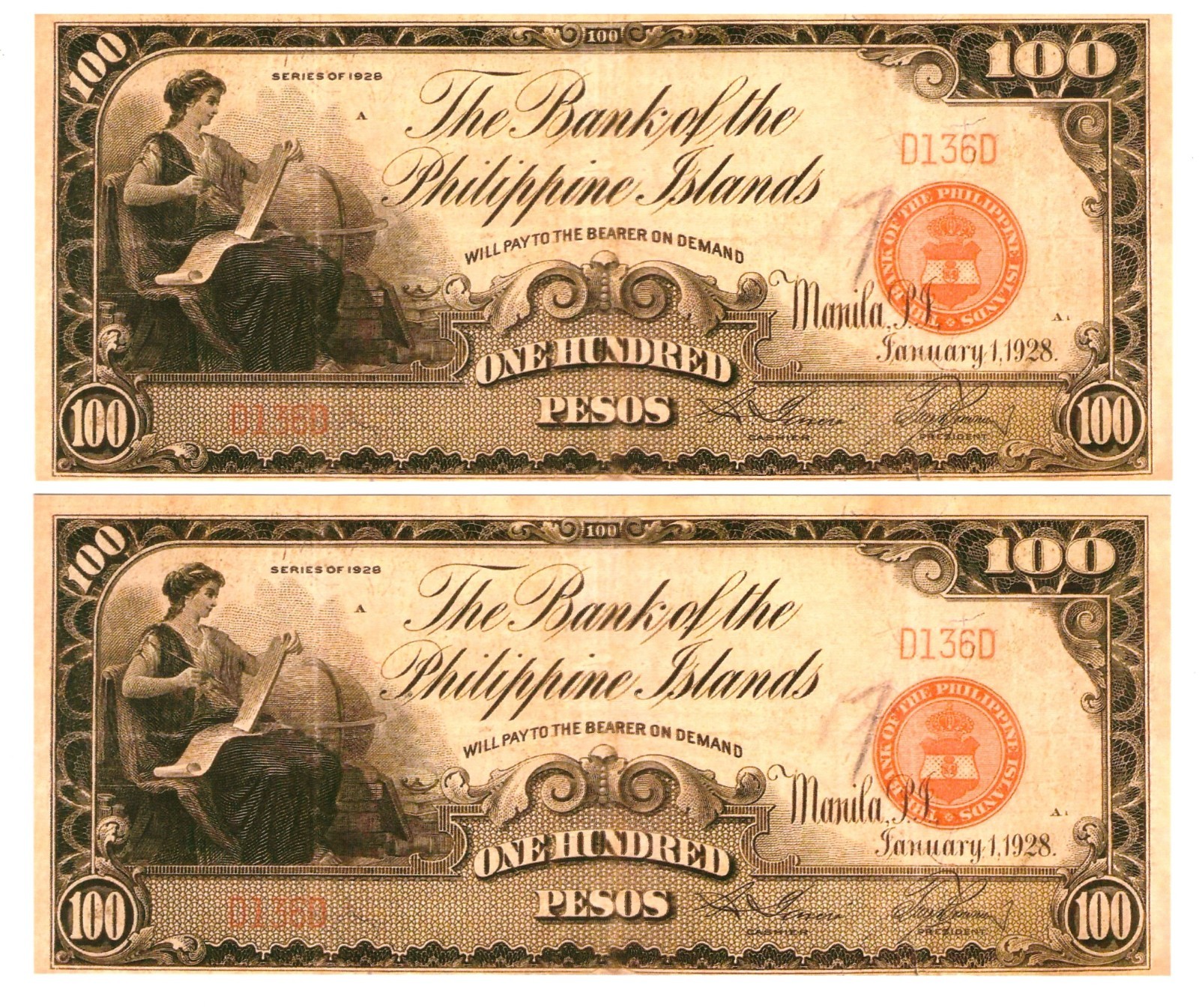 u Reproduction Note Philippines 100 Pesos 1928 Pick #20 3975R