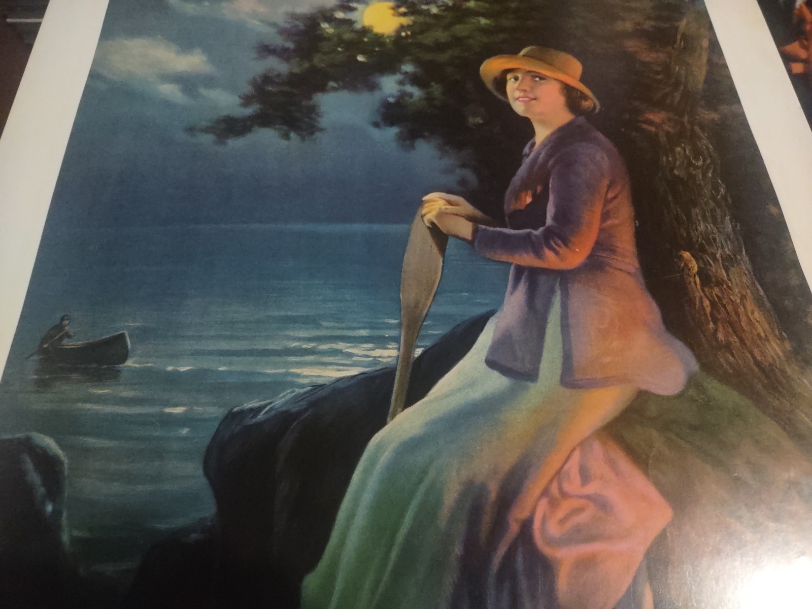 EARLY 1900’S VINTAGE CHROMOLITHOGRAPH PRINT YOUNG WOMAN MOONLIGHT CANOE PADDLE