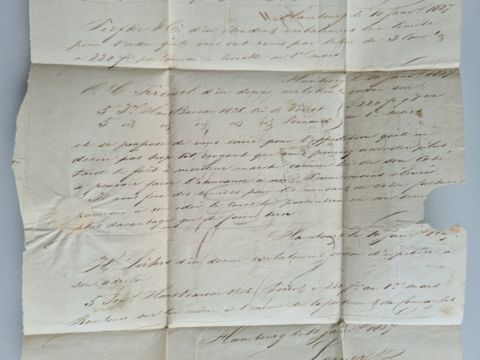 Old Letter Mail January 10 1827 Hamburg Bordeaux Germany By Givet